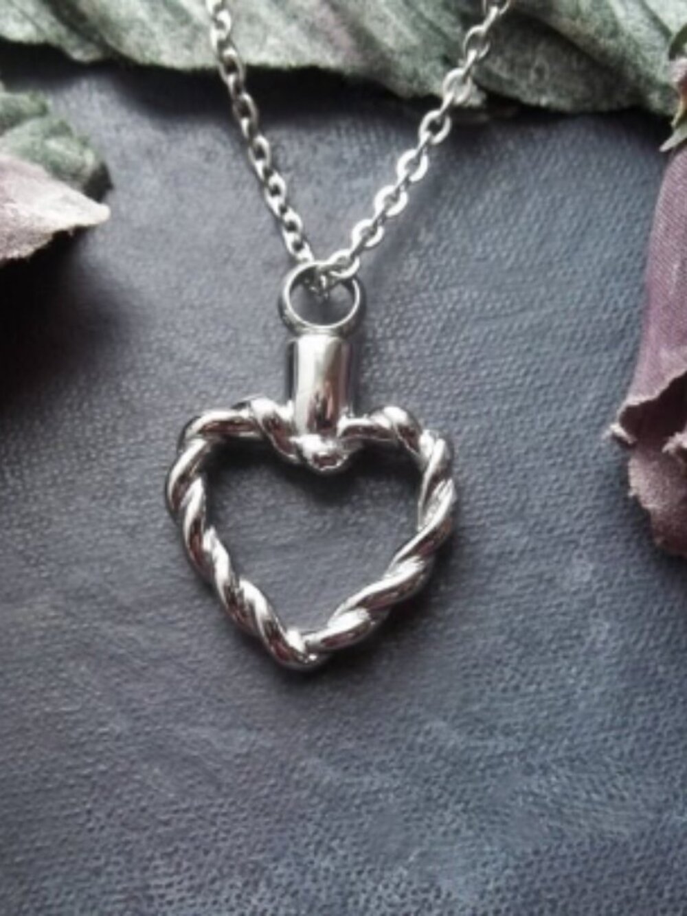 Stainless Steel Twisted Heart Necklace Locket Memorial Keepsake Silver Color